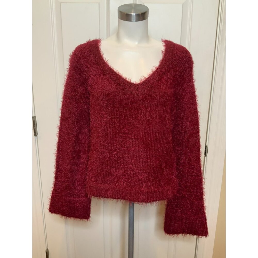 Moth Anthropologie Dark Pink Fuzzy Long Flare Sleeve V-Neck Sweater, Size S